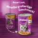 Puszki karmy dla kotów Whiskas z nowym wzorem, z "Huhn in Gelee" i figlarnym kotem, stwierdzającym "Neuer Look, derselbe Geschmack!"