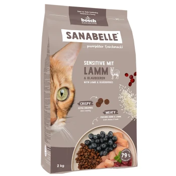 Katzenfutterverpackung mit Nahaufnahme eines Katzenkopfes, beschriftet "SANABELLE SENSITIVE MIT LAMM & BLAUBEEREN", zeigt Trockenfutter und Blaubeeren.