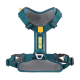 Teal Hundegeschirr mit verstellbaren Riemen und gepolstertem Brustbereich, mit gelbem Logo und Clips für sicheren Halt.