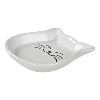 White ceramic cat-shaped pet bowl with a smiling cat face design on the bottom.
