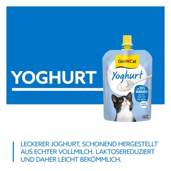 GimCat Yoghurt Katzenbeutel mit Löffel Joghurt und Katzenfoto; großer 'YOGHURT'-Schriftzug und Aufkleber 'aus 95% Vollmilch'.