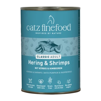 Catz Finefood Classic Adult Katzenfutterdose, Hering & Garnelen mit Kürbis & Himbeeren, getreidefrei, ohne Zuckerzusatz.