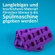 Lila Silikon-Hundeknochenform auf blauem Hintergrund, mit Text, der besagt, dass sie langlebig, bruchsicher und spülmaschinenfest ist.