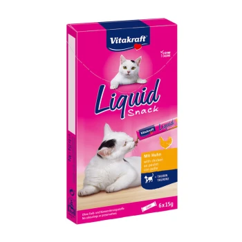 Liquid Snack + Huhn & Taurin 66x15g Vitakraft Flüssigsnack für Katzen, mit einer pinken Box, auf der zwei Katzen abgebildet sind, die den Geschmack Huhn und Taurin hervorhebt.