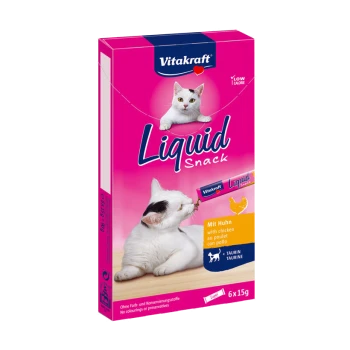 Vitakraft Liquid Snack pour chats, avec une boîte rose présentant deux chats à l'avant, mettant en avant la saveur de poulet et la taurine.