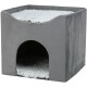 Graues Haustierhaus mit einem weichen, flauschigen Oberteil und einem Eingang, das einen gemütlichen Raum für kleine Haustiere bietet.