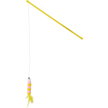 Baguette en plastique jaune pour chat avec corde blanche, petite clochette, pompons empilés roses et jaunes et queue en plumes jaune.