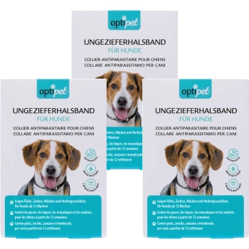 Drei Boxen OptiPet antiparasitäre Halsbänder für Hunde, wirksam gegen Flöhe, Zecken und Mücken für 12 Wochen, in Deutsch, Französisch und Italienisch.