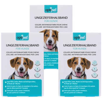 Drei Boxen OptiPet antiparasitäre Halsbänder für Hunde, wirksam gegen Flöhe, Zecken und Mücken für 12 Wochen, in Deutsch, Französisch und Italienisch.