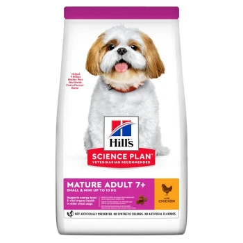 Hill's Science Plan Mature Adult 7+ Hundefutter für kleine und Mini-Rassen, mit einem Shih Tzu auf der Vorderseite, mit Huhn.