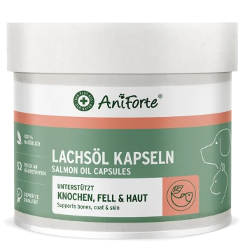 Behälter mit AniForte Lachsölkapseln, auf Deutsch beschriftet mit dem Text "Unterstützt Knochen, Fell & Haut," mit Silhouetten von Hund und Katze.