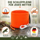 Orange-schwarze Hundeleine mit Metallkarabinerhaken vor weißem Hintergrund.