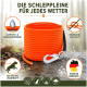 Orange-schwarze Hundeleine mit Metallkarabinerhaken vor weißem Hintergrund.