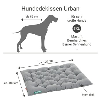 Graues Hundebett für große Rassen, misst ungefähr 120 cm mal 100 cm und ist 9 cm dick, beschriftet für sehr große Hunde.