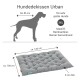 Graues Hundebett für große Rassen, misst ungefähr 120 cm mal 100 cm und ist 9 cm dick, beschriftet für sehr große Hunde.