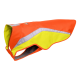 Helle orange und gelbe Hunderegenjacke mit reflektierenden Streifen, entworfen für Sichtbarkeit und Schutz gegen die Elemente.