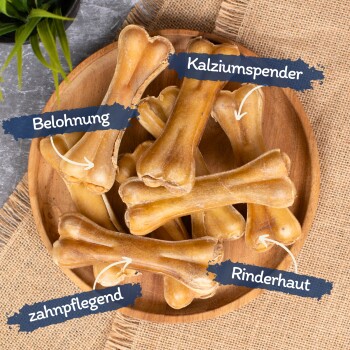 Ein Holzbrett mit Hundeknochen, beschriftet auf Deutsch: "Belohnung," "Kalziumspender," "zahnpflegend," und "Rinderhaut."