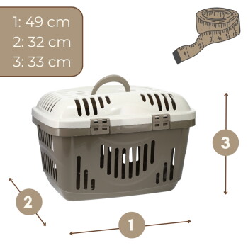 Beige Kunststoff-Transportbox mit cremefarbenem Deckel, Tragegriff oben und Verschlüssen; Maße: 1: 49 cm, 2: 32 cm, 3: 33 cm.