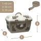 Beige Kunststoff-Transportbox mit cremefarbenem Deckel, Tragegriff oben und Verschlüssen; Maße: 1: 49 cm, 2: 32 cm, 3: 33 cm.
