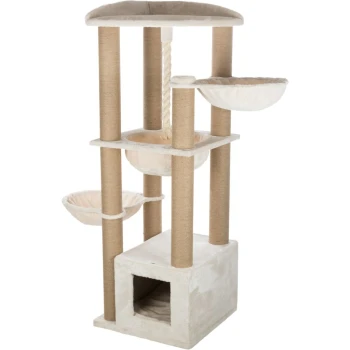 Ein mehrstöckiger Katzenbaum mit beigem Stoff, der zwei hängende Betten, eine obere Plattform, einen Kratzbaum und einen gemütlichen würfelförmigen Rückzugsort bietet.