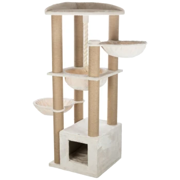 Ein mehrstöckiger Katzenbaum mit beigem Stoff, der zwei hängende Betten, eine obere Plattform, einen Kratzbaum und einen gemütlichen würfelförmigen Rückzugsort bietet.