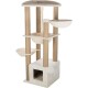 Ein mehrstöckiger Katzenbaum mit beigem Stoff, der zwei hängende Betten, eine obere Plattform, einen Kratzbaum und einen gemütlichen würfelförmigen Rückzugsort bietet.