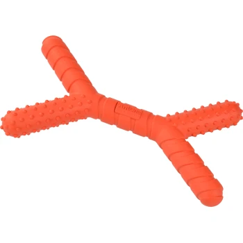 Bright orange dog toy in a Y-shape with textured grips and bumps for chewing, labeled "AntOne."