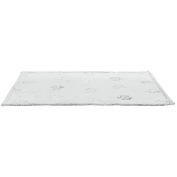 Weiche graue Haustiermatte mit einem Muster aus Pfotenabdrücken, ideal für den Komfort von Haustieren.