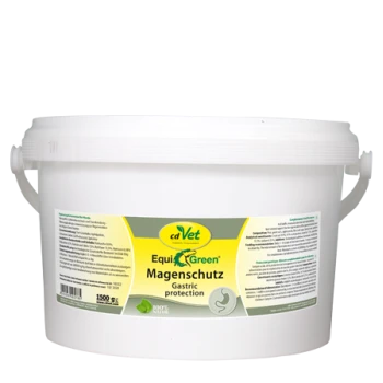Weißer Behälter von cdVet EquiGreen Magenschutz, gekennzeichnet für den Magen-Schutz, 1500 g, mit grünem und gelbem Design und Zutatenangaben.
