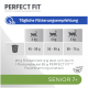 Directives d'alimentation pour la nourriture pour chats Perfect Fit : quantités quotidiennes pour les chats de 3-5 kg, substitution de nourriture humide, et recommandations "Senior 7+".