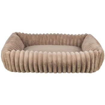 Ein plüschiges, rechteckiges Haustierbett mit weichem, beigem Stoff und erhöhten, gepolsterten Rändern für Komfort.