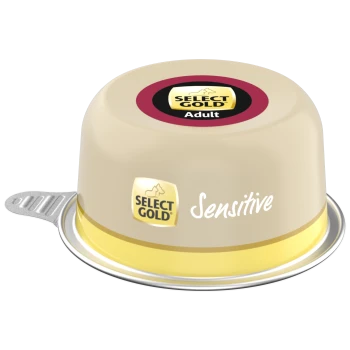 Boîte de nourriture humide Select Gold Adult Sensitive pour chien avec emballage beige et jaune et couvercle à languette.