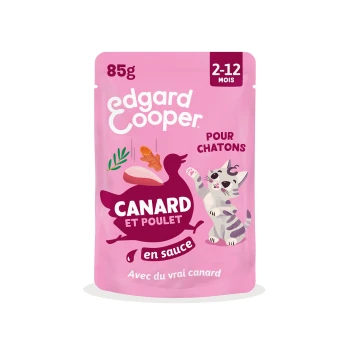 Sachet rose Edgard Cooper 85 g pour chatons étiqueté « Canard et Poulet en sauce » (canard et poulet), « Pour chatons 2–12 mois ».