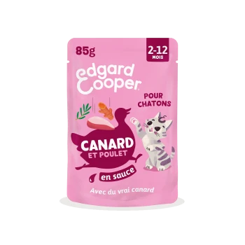 Sachet rose Edgard Cooper 85 g pour chatons étiqueté « Canard et Poulet en sauce » (canard et poulet), « Pour chatons 2–12 mois ».