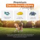 Premium-Hundfutter-Werbung mit einem Beagle auf einem grasbewachsenen Feld, das Präbiotika, Omega-3-Öle, Zink und Vitamin D3 hervorhebt.