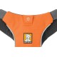 Orangenes Hundegeschirr mit einer schwarzen und grauen Unterseite, mit einem Ruffwear-Logo, das das Gesicht eines Hundes darstellt.