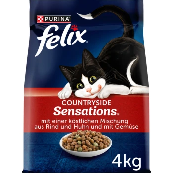 Eine Tüte Purina Felix Countryside Sensations Katzenfutter mit einer verspielten schwarz-weißen Katze, 4 kg, und Text über Rind, Huhn und Gemüse.