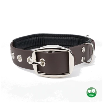 Brauner veganer Haustierhalsband mit silberner Schnalle und dekorativen Nieten, auf einem weißen Hintergrund präsentiert.