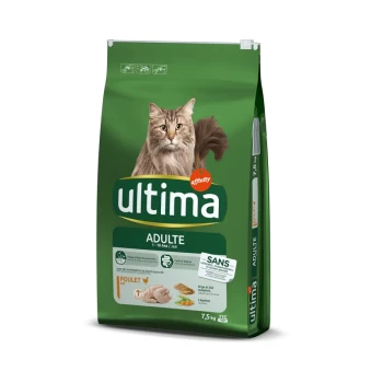 Adulte avec du Poulet 7,5 kg Sac vert de nourriture pour chats Ultima pour adultes (1-10 ans), avec une image de chat, étiqueté "POULET," 7,5 kg, avec des détails nutritionnels.