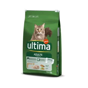 Sac vert de nourriture pour chats Ultima pour adultes (1-10 ans), avec une image de chat, étiqueté "POULET," 7,5 kg, avec des détails nutritionnels.