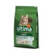 Sac vert de nourriture pour chats Ultima pour adultes (1-10 ans), avec une image de chat, étiqueté "POULET," 7,5 kg, avec des détails nutritionnels.