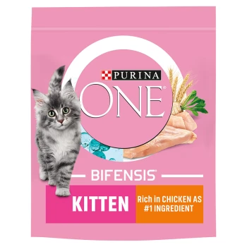 Purina ONE Bifensis kitten food bag featuring a fluffy gray kitten, with text stating "KITTEN" and "Rich in CHICKEN AS #1 INGREDIENT."