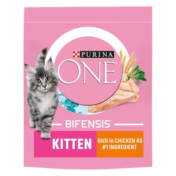 Purina ONE Bifensis kitten food bag featuring a fluffy gray kitten, with text stating "KITTEN" and "Rich in CHICKEN AS #1 INGREDIENT."
