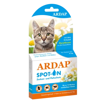 ARDAP Spot-On Verpackung für Katzen, mit floralem Design, behauptet, gegen Flöhe und Zecken zu schützen, geeignet für Katzen bis zu 4 kg.