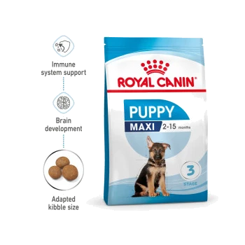 Royal Canin Puppy Maxi dog food bag, featuring a German Shepherd puppy, highlights immune system support, brain development, and adapted kibble size.