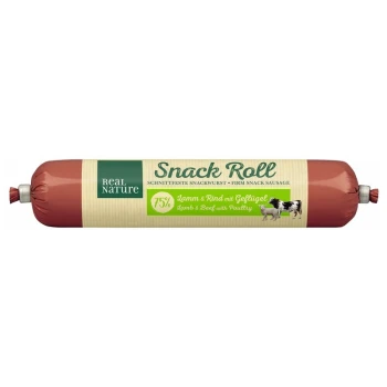 Snackwurst 12x80g Lamm und Rind mit Geflügel Real Nature Snack Roll, eine feste Snackwurst für Haustiere, beschriftet mit 75% Lamm und Rind mit Geflügel.