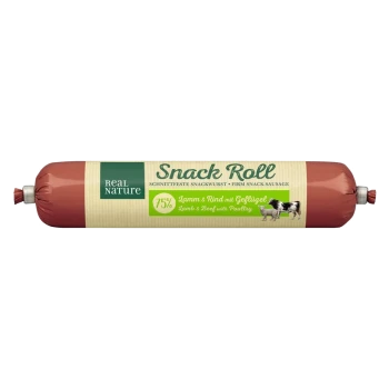 Real Nature Snack Roll, eine feste Snackwurst für Haustiere, beschriftet mit 75% Lamm und Rind mit Geflügel.
