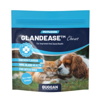 Petfuzion GLANDEASE chews pouch showing cat and dog; visible text: "For Improved Anal Gland Health", "Chicken Flavour", "For Cats & Dogs".