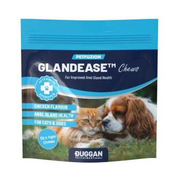 Petfuzion GLANDEASE chews pouch showing cat and dog; visible text: "For Improved Anal Gland Health", "Chicken Flavour", "For Cats & Dogs".