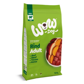Grüne WOW Dog 'Rind Adult'-Tüte mit Rind-Trockenfutter, zeigt einen Napf mit Fleisch, 'Made in Austria'-Label und 12 kg